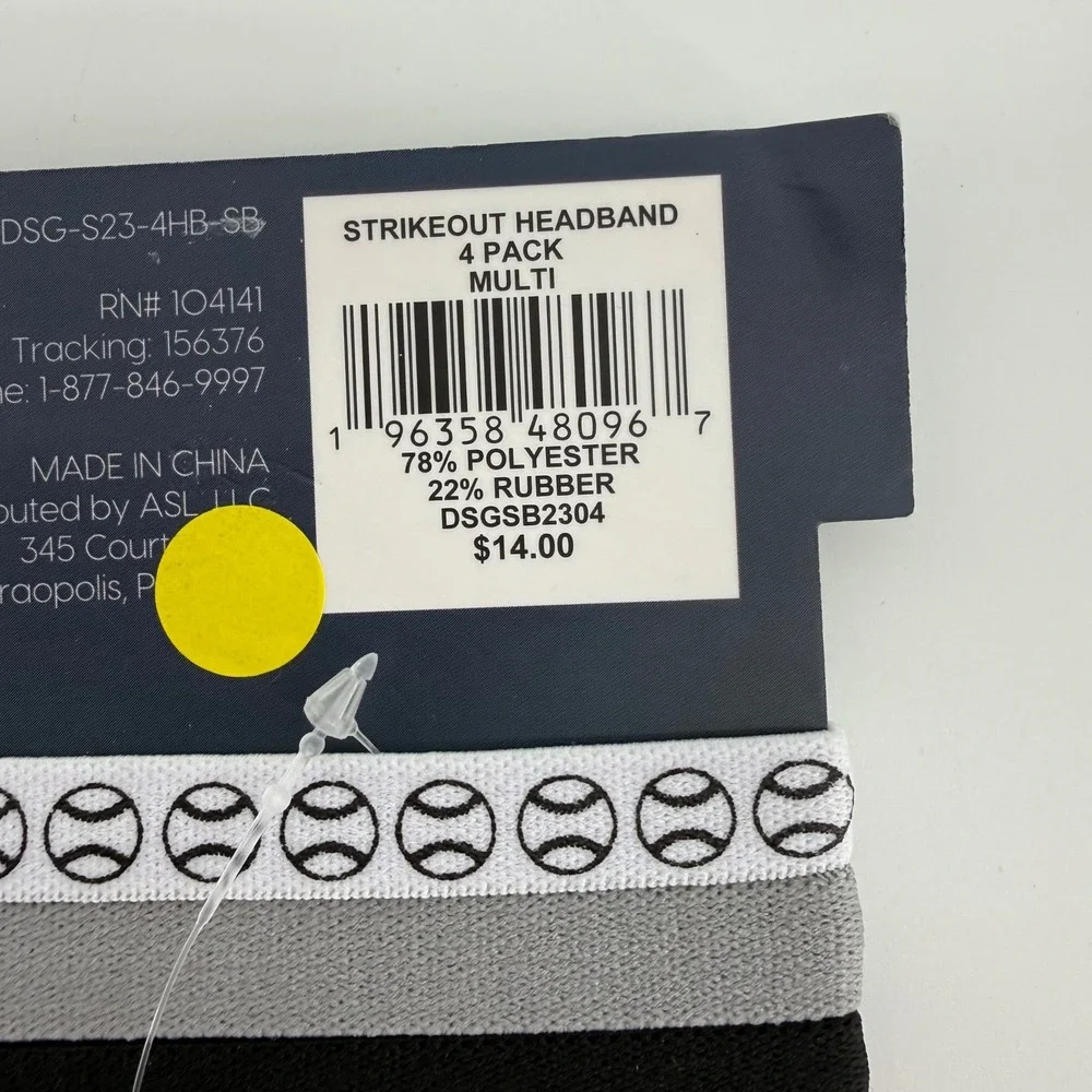 DSG Elastic Softball Headbands 4 Pack‎ Multi Color Baseball Print Athletic
